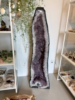Ametyst grotte 64kg udstillet i butik, omgivet af hylder med krystaller og planter.