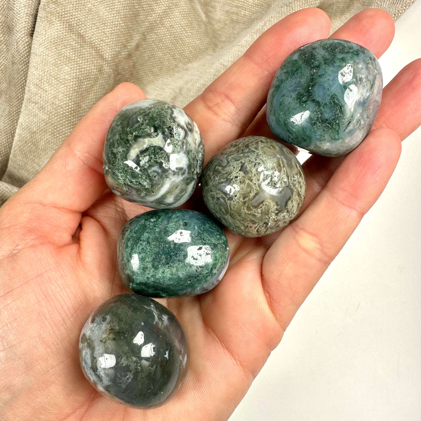 Fem blankpolerede Mos agat XL-sten i en hånd, på en lys baggrund.