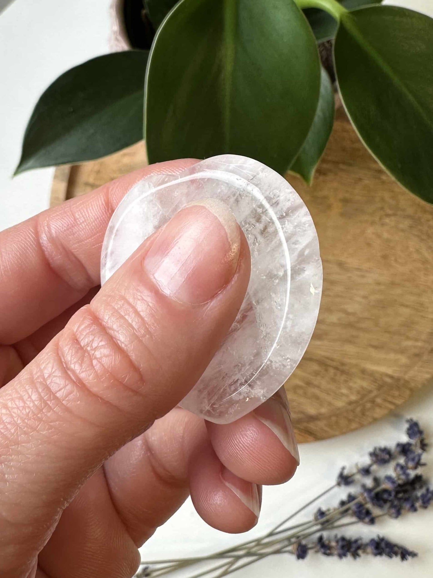 En hånd holder et bjergkrystal nusse hjerte med grønne blade og lavendel i baggrunden.