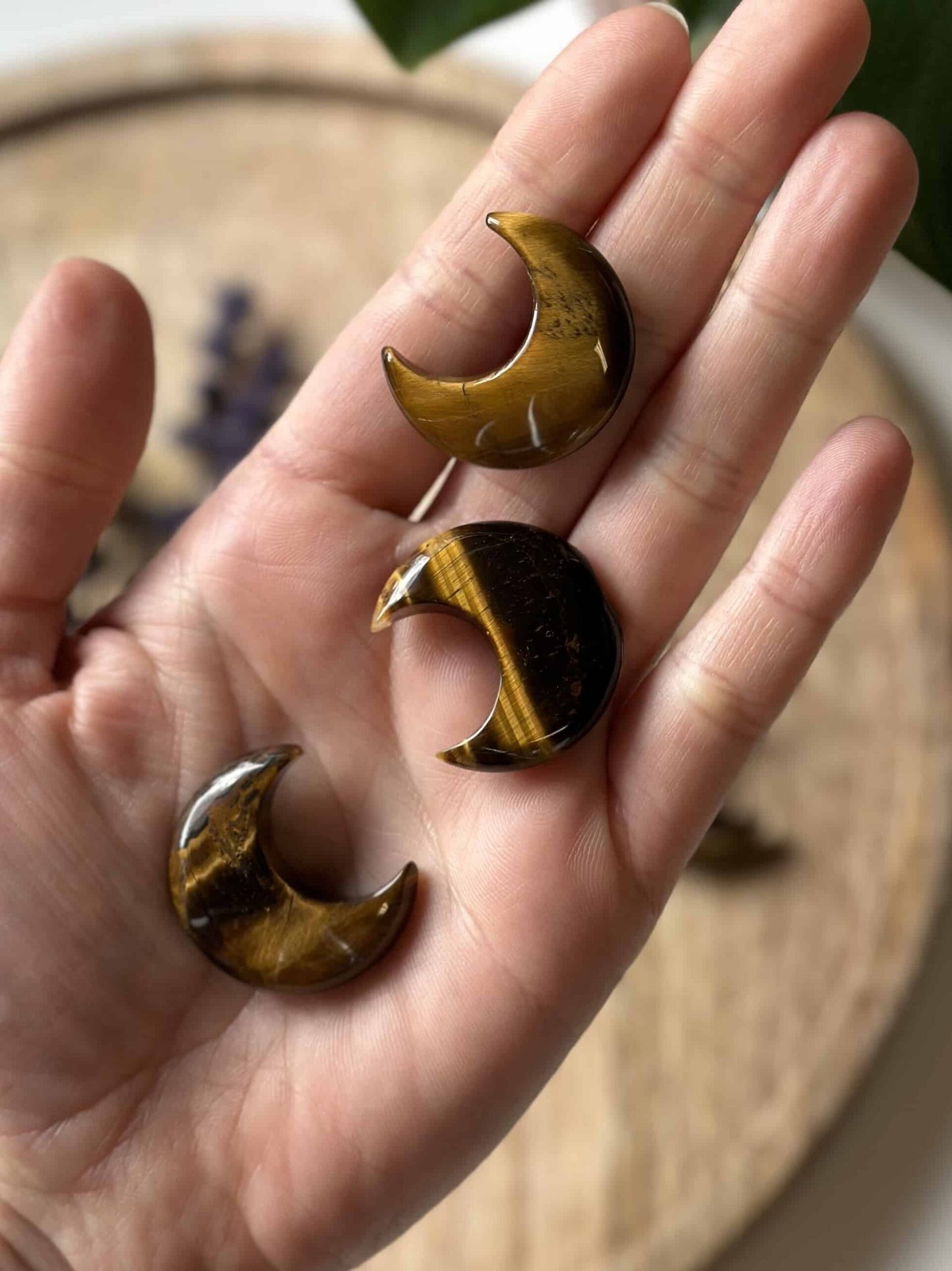 Hånd holder tre Tigerøje måneformede sten mod en sløret baggrund.