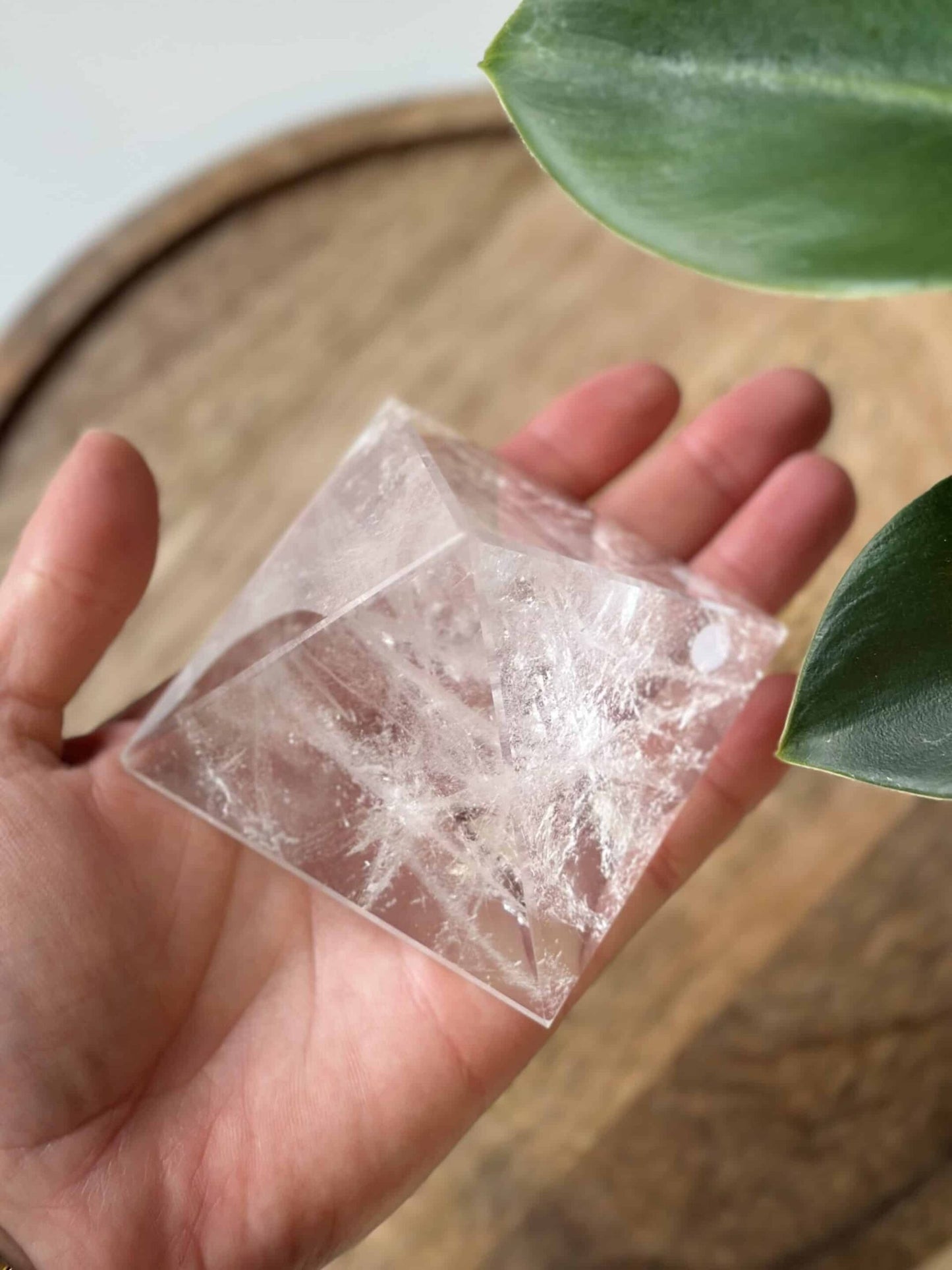 En hånd holder en bjergkrystal pyramide ved siden af et grønt blad.