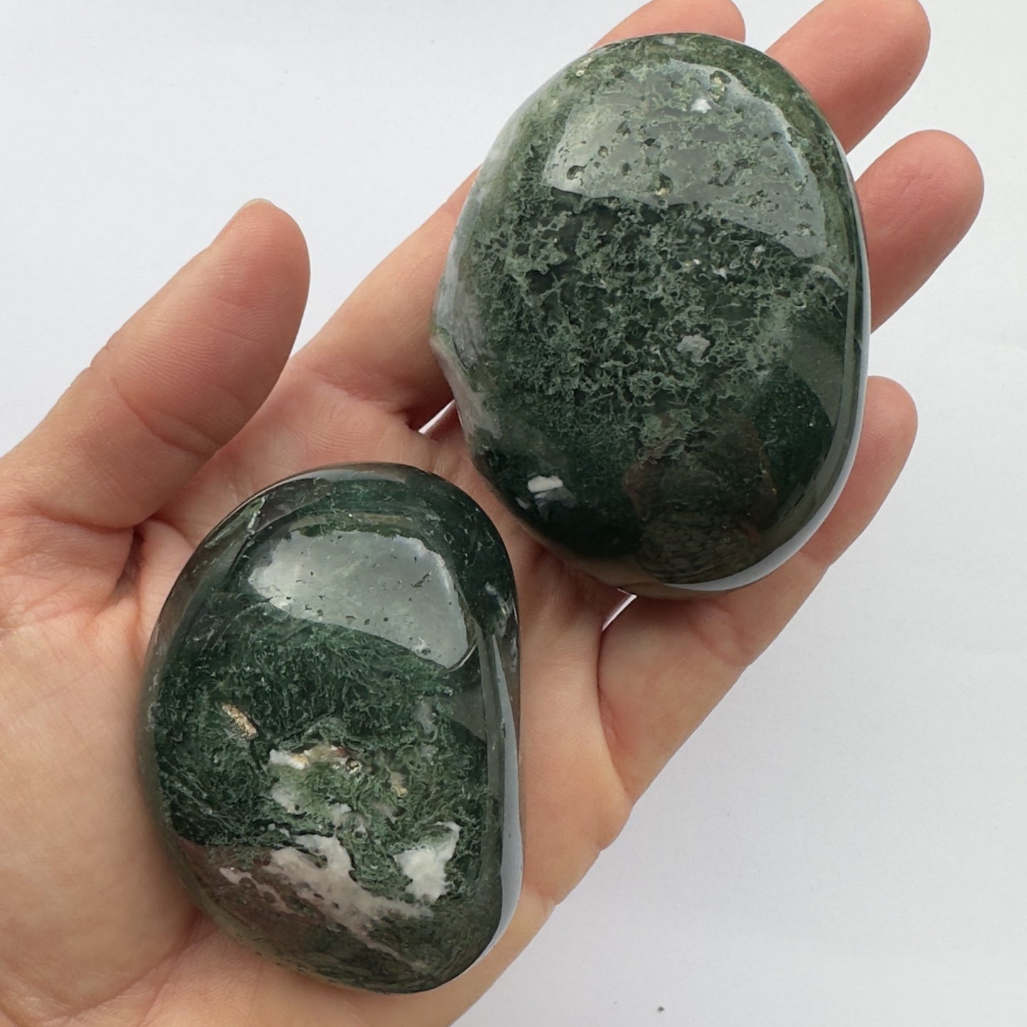 Hånden holder to store Mos Agat jumbo-sten med grønne nuancer og hvide mønstre mod en hvid baggrund.