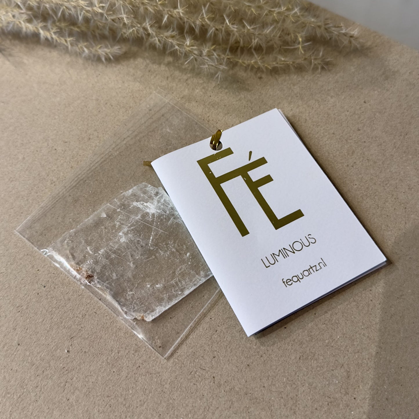 Mexicansk Selenit lampe nr 32 ved siden af en brochure med FÉ og tekst LUMINOUS, fequartz.nl.