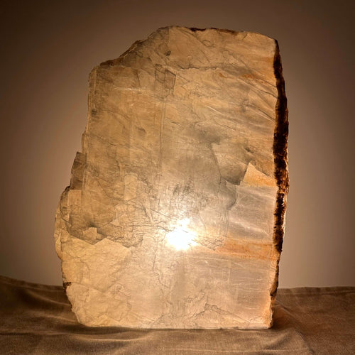 Et stort stykke lysende krystal med en glat overflade og en brun kant på en dæmpet baggrund.