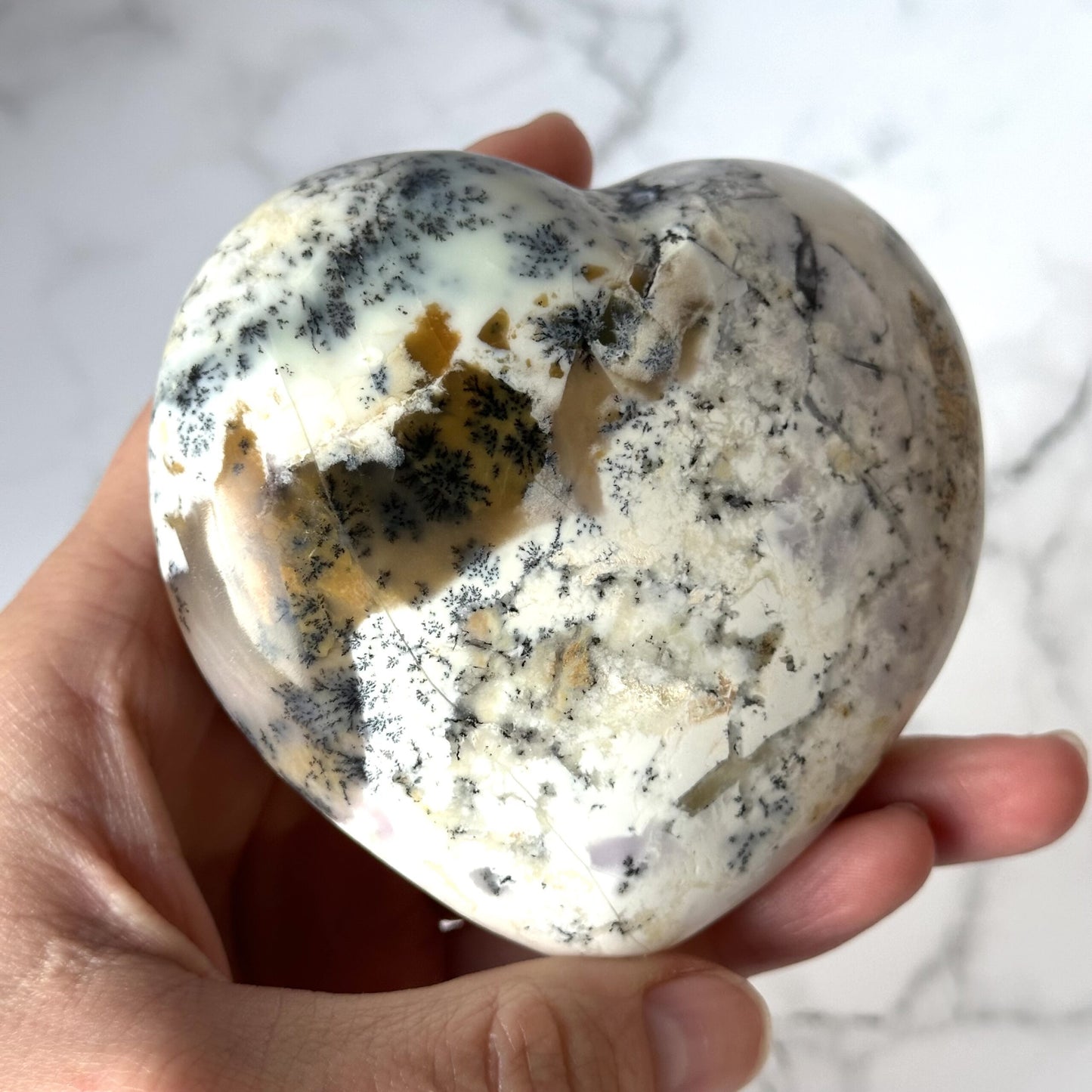 En hånd holder et hjerteformet opal dendrit sten, der viser unikke sorte mønstre og nuancer af hvid og brun.