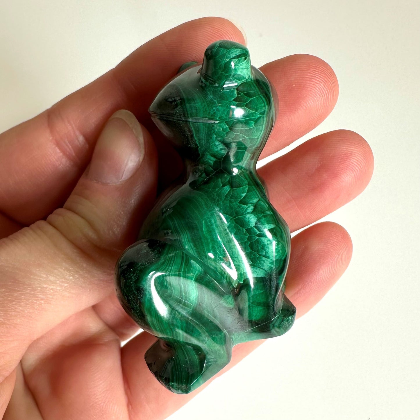 Person holder en glat, skulptureret Malakit frø i mørkegrønne nuancer i hånden.