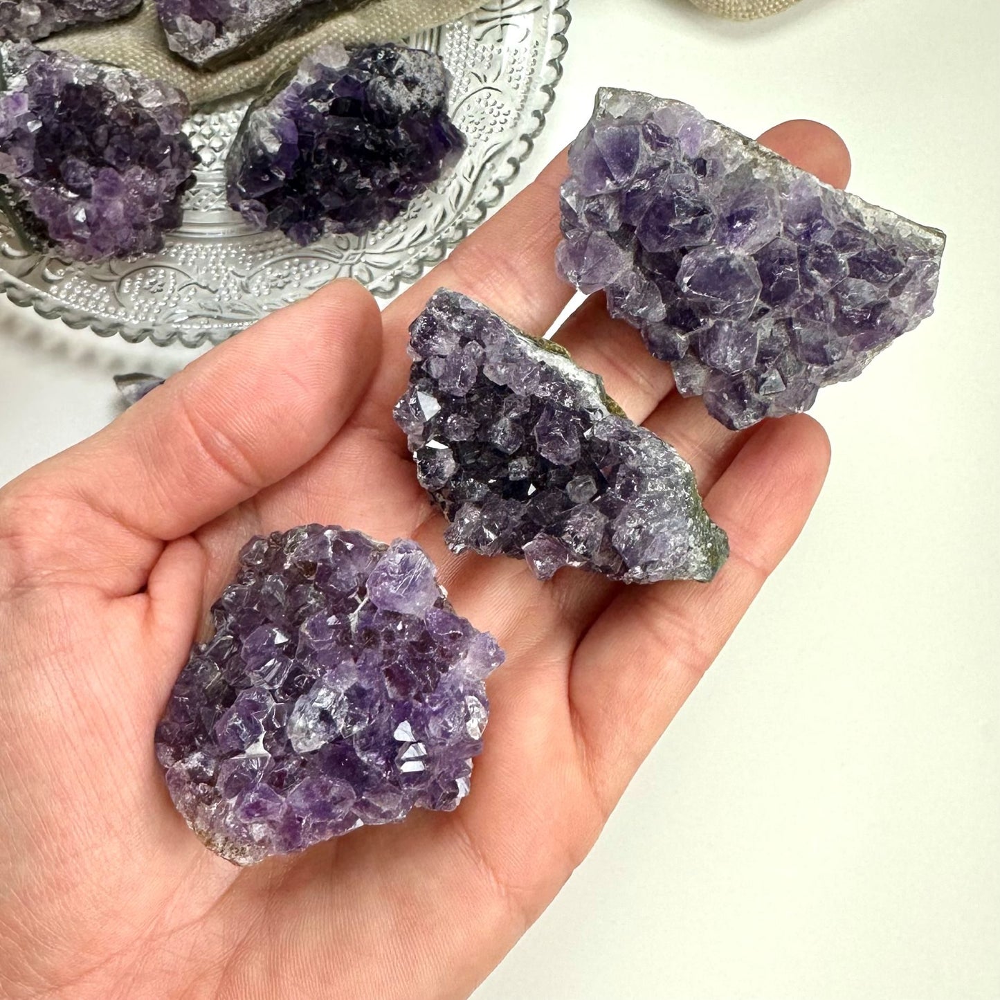 En hånd holder tre små ametyst klynger, med flere placeret på en bakke i baggrunden.