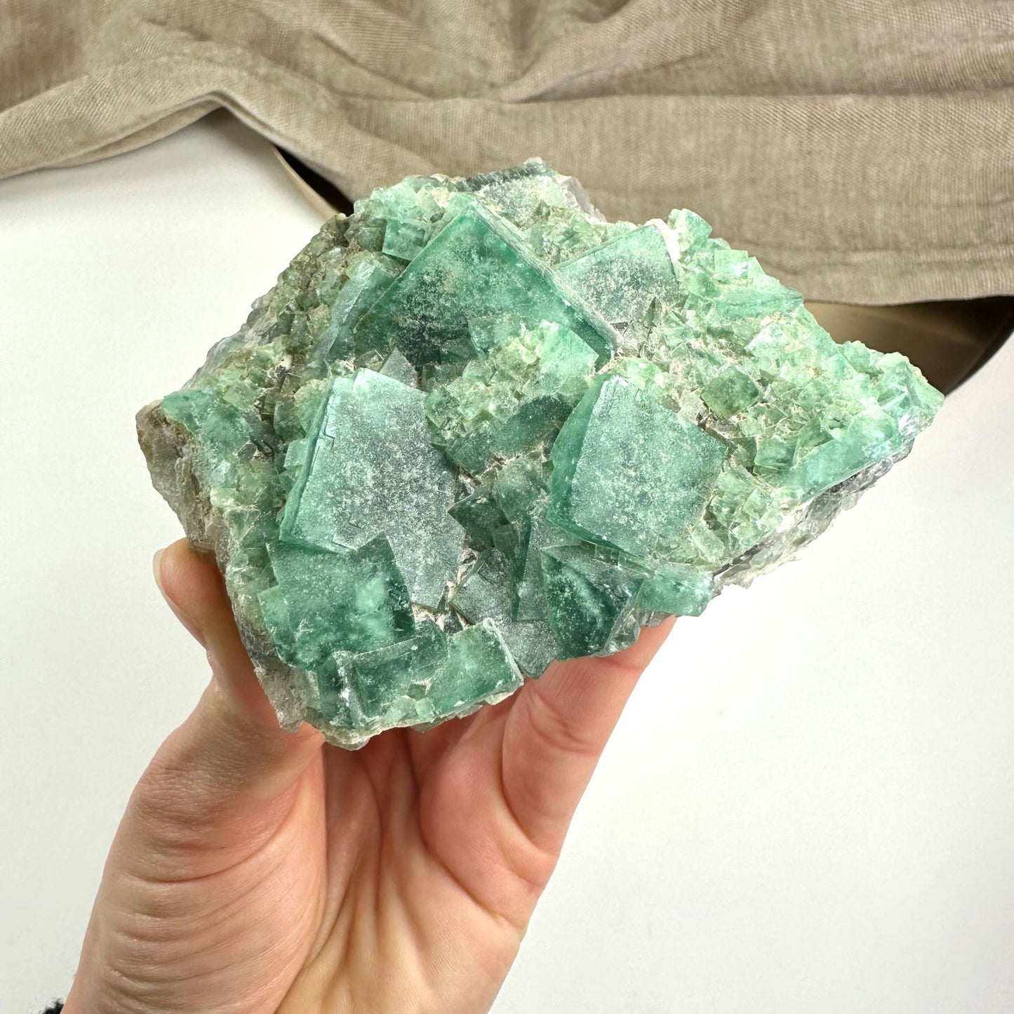 Hånd holder en grøn fluorit klynge med krystaller, på en lys baggrund.