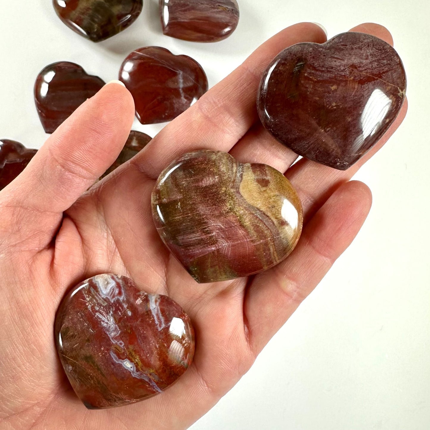 Person holder forstenet træ hjerteformede sten i hånden, omgivet af flere lignende sten på en hvid overflade.