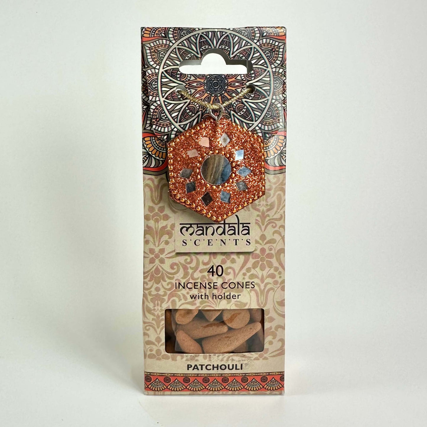 Røgelseskogler med patchouli duft, 40 stk. pr. pakke, inkl. holder med dekorativt mønster.