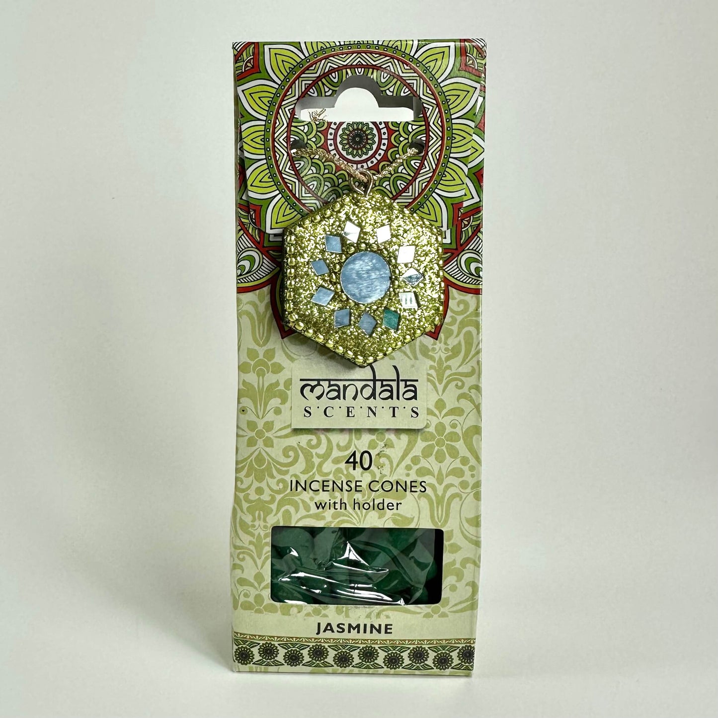 Pakke med 40 jasmin duftkegler og holder, dekoreret med et farverigt mandala-design.