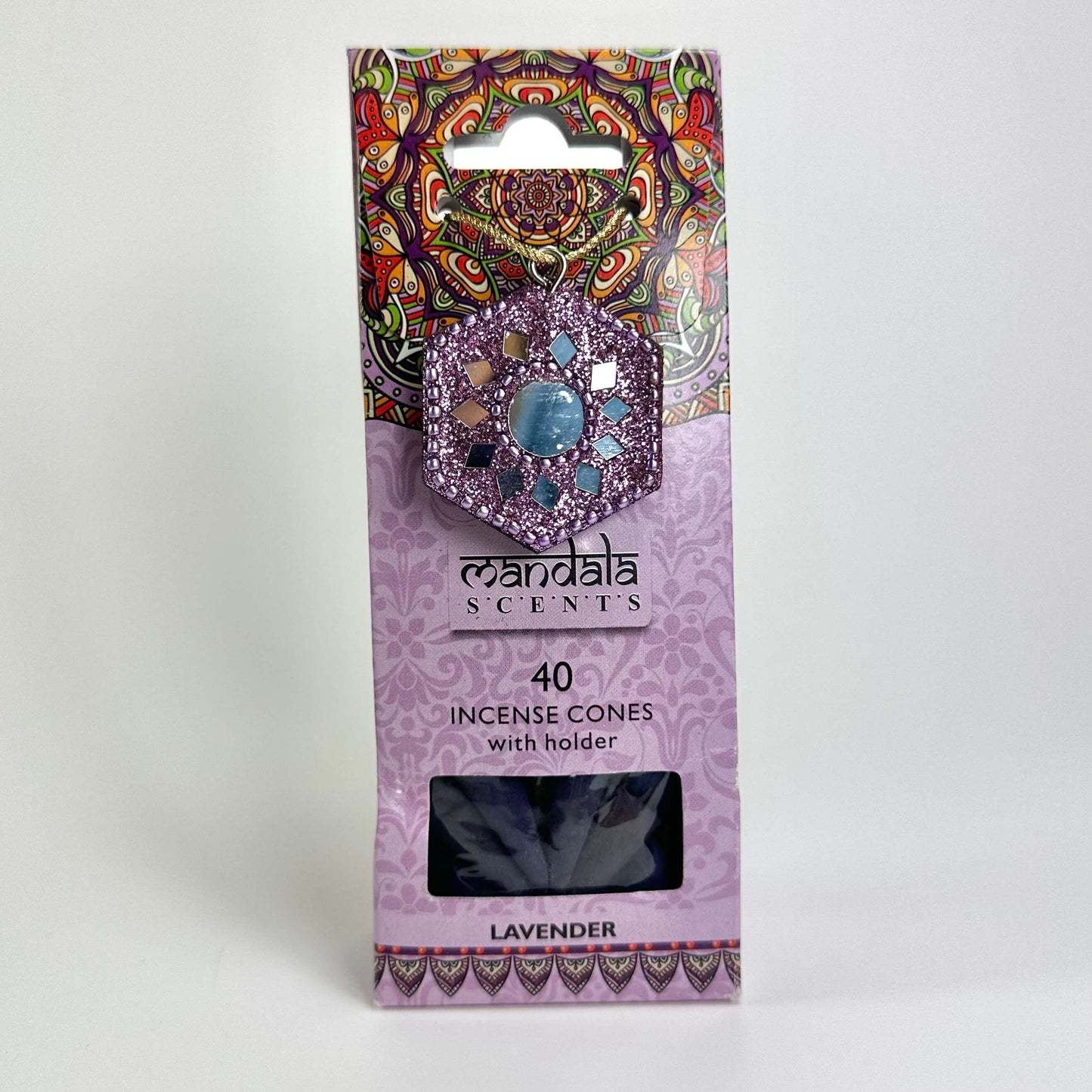 Pakke med 40 røgelseskegler, lavendel duft, med mosaikdesign på emballagen.