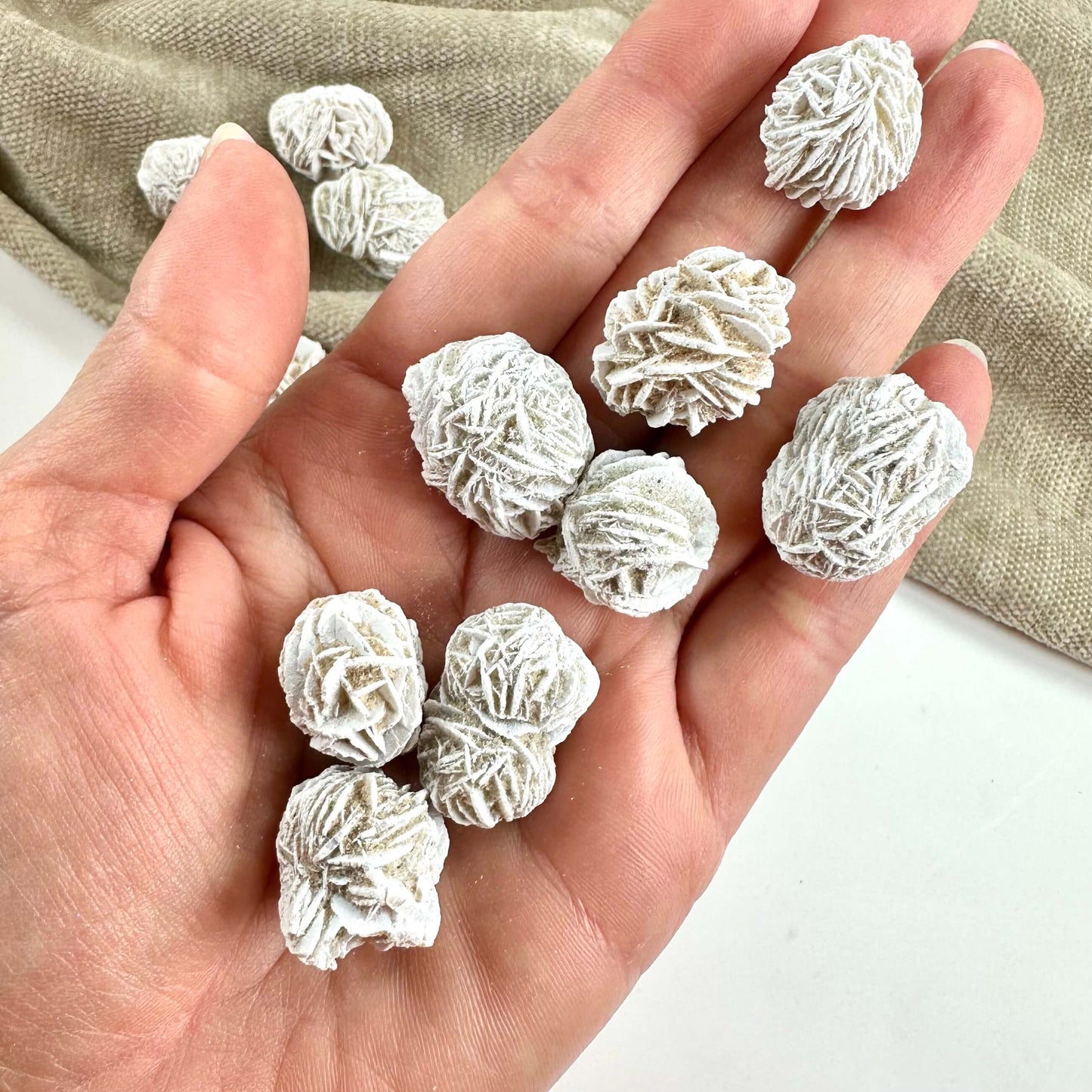 Hånd, der holder flere små sandroser med krystallinske mønstre.