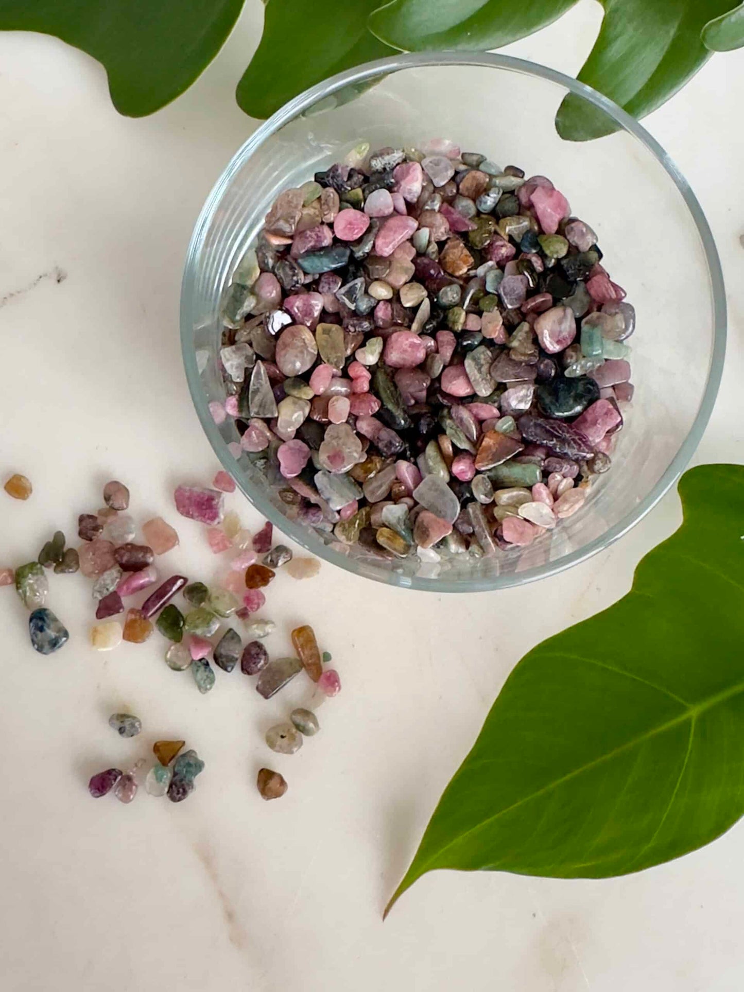 Skål med farverige Turmalin vandmelon chips på marmorbord, omgivet af grønne blade.