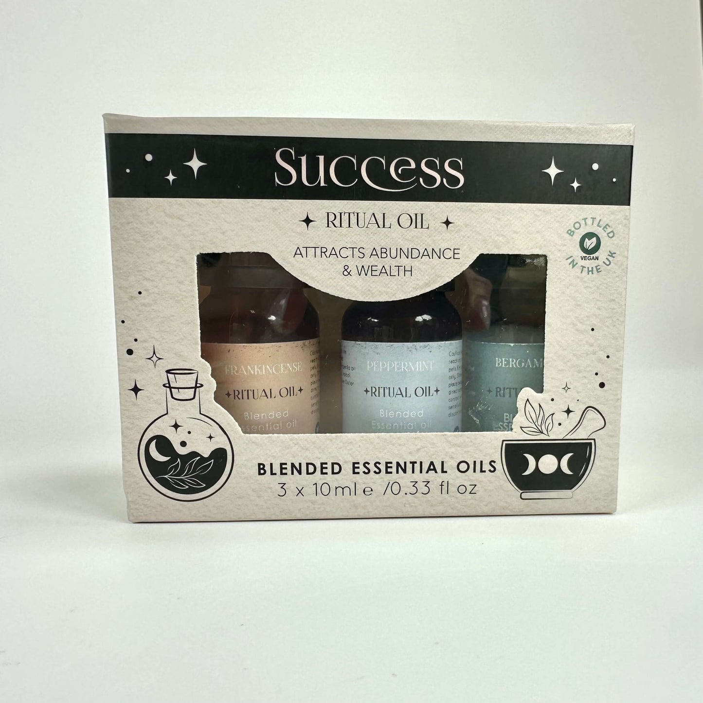 Æske med tre æteriske olier: frankincense, pebermynte og bergamot. Markedsføres som tiltrækker overflod og rigdom.