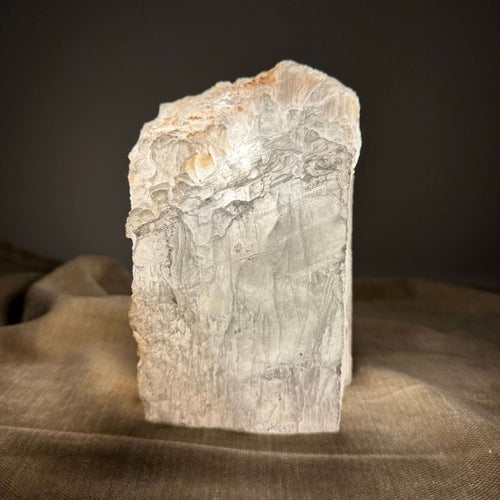 Mexicansk Selenit lampe nr 46 står oplyst på et mørkt bagtæppe, der fremhæver dens naturlige tekstur og lysstyrke.