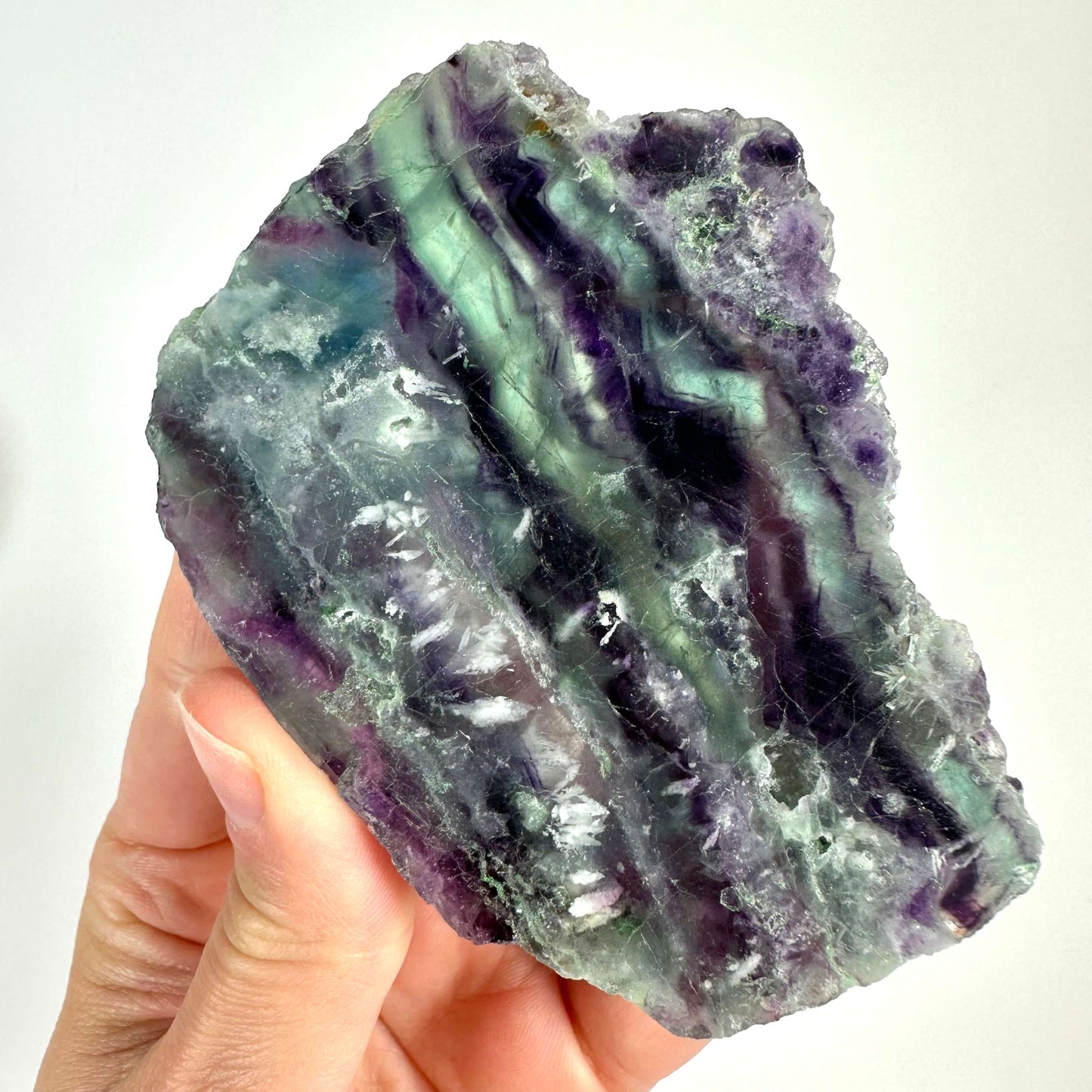 En hånd holder en regnbue fluorit skive med tydelige farvede bånd i lilla, grøn og blå nuancer.