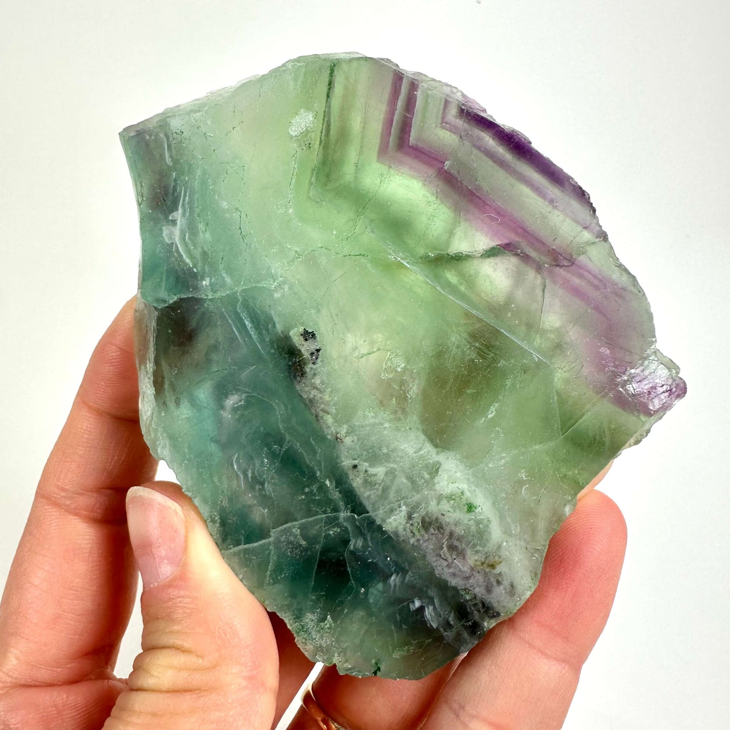 Fluorit regnbue skive holdt i hånden, viser grønne og lilla lag.