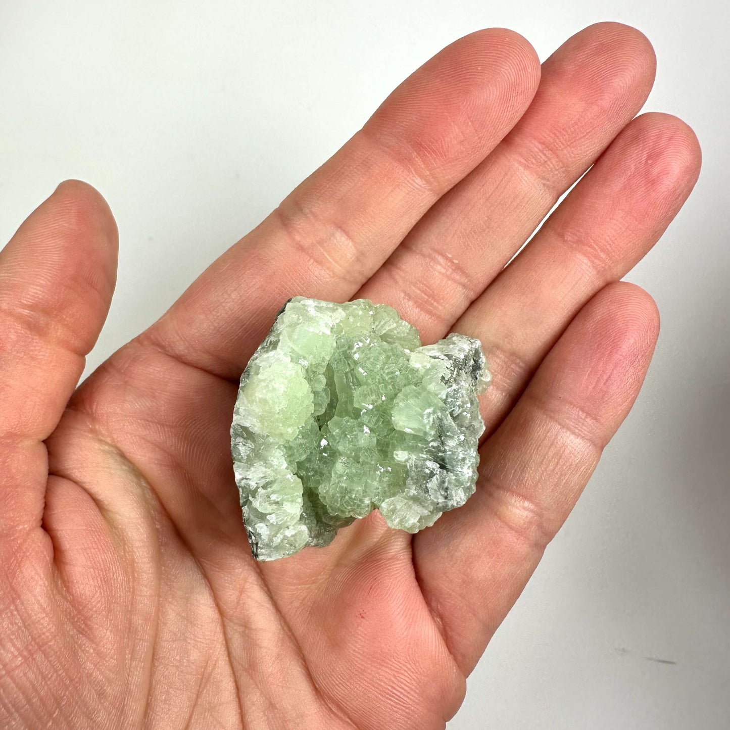 En hånd holder en Prehnit klynge med lysegrønne krystaller.