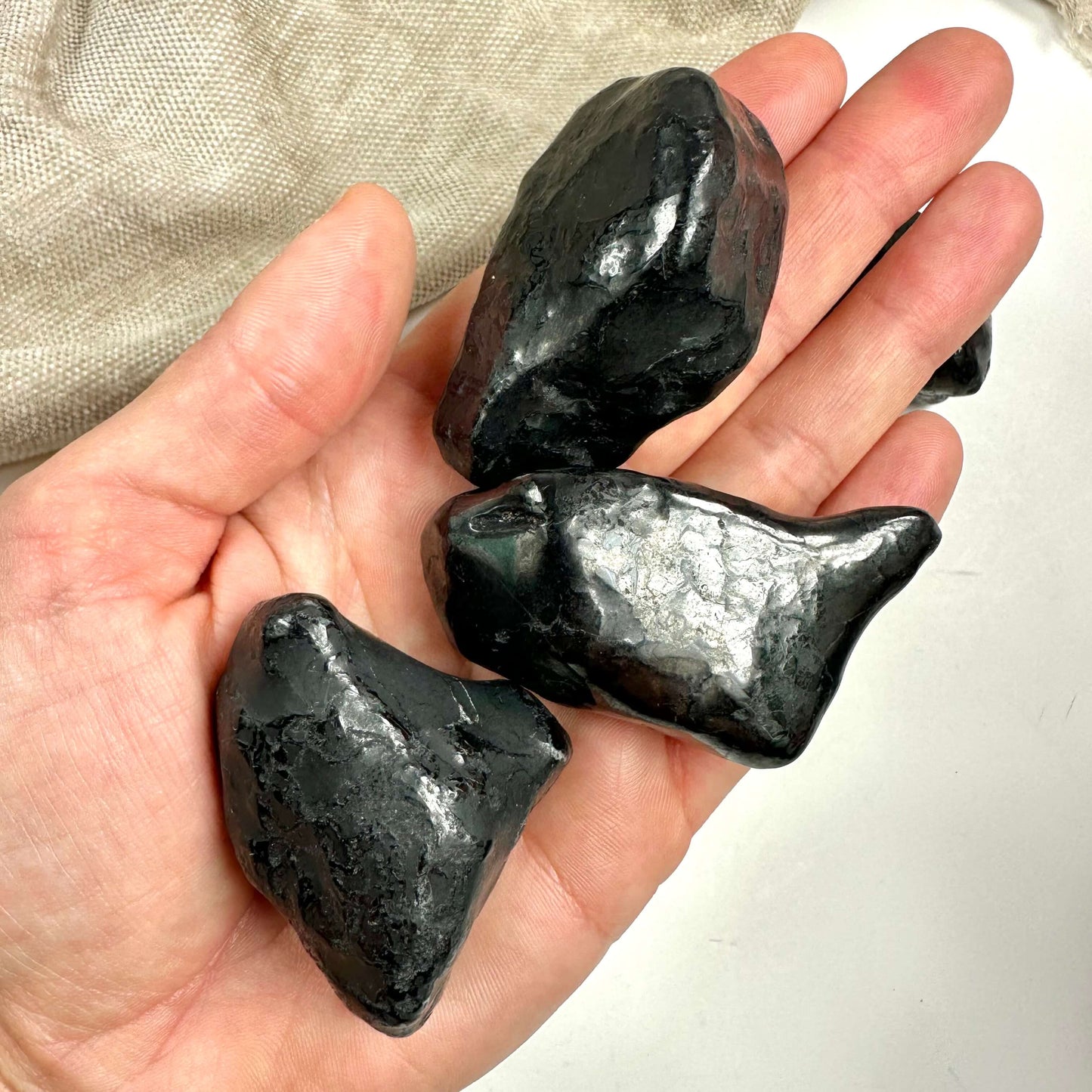Hånd der holder flere stykker shungit poleret sten på en lys baggrund.