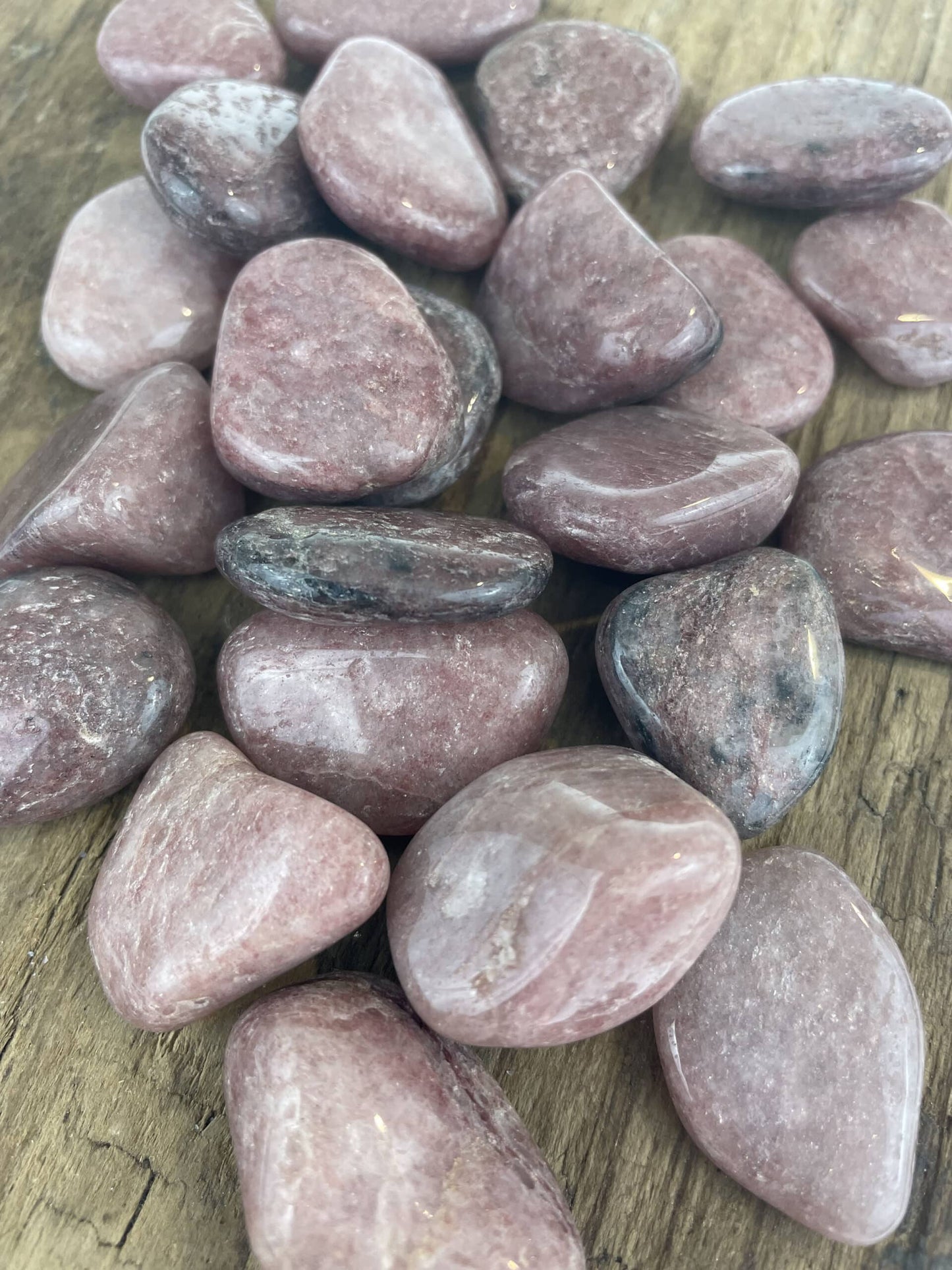 Polerede Kvartsit Bordeaux-sten ligger spredt på en træoverflade.