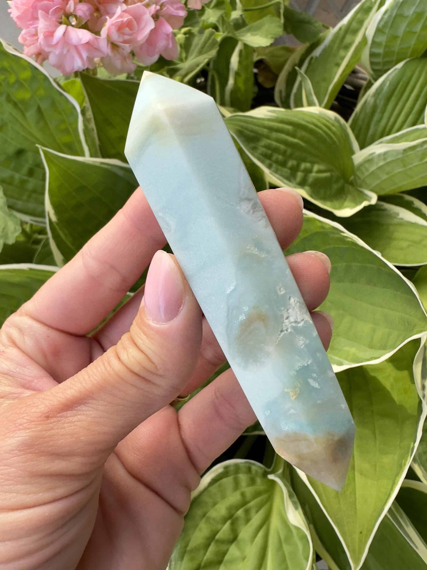 En hånd holder en dobbelt termineret amazonit foran grønne blade og lyserøde blomster.