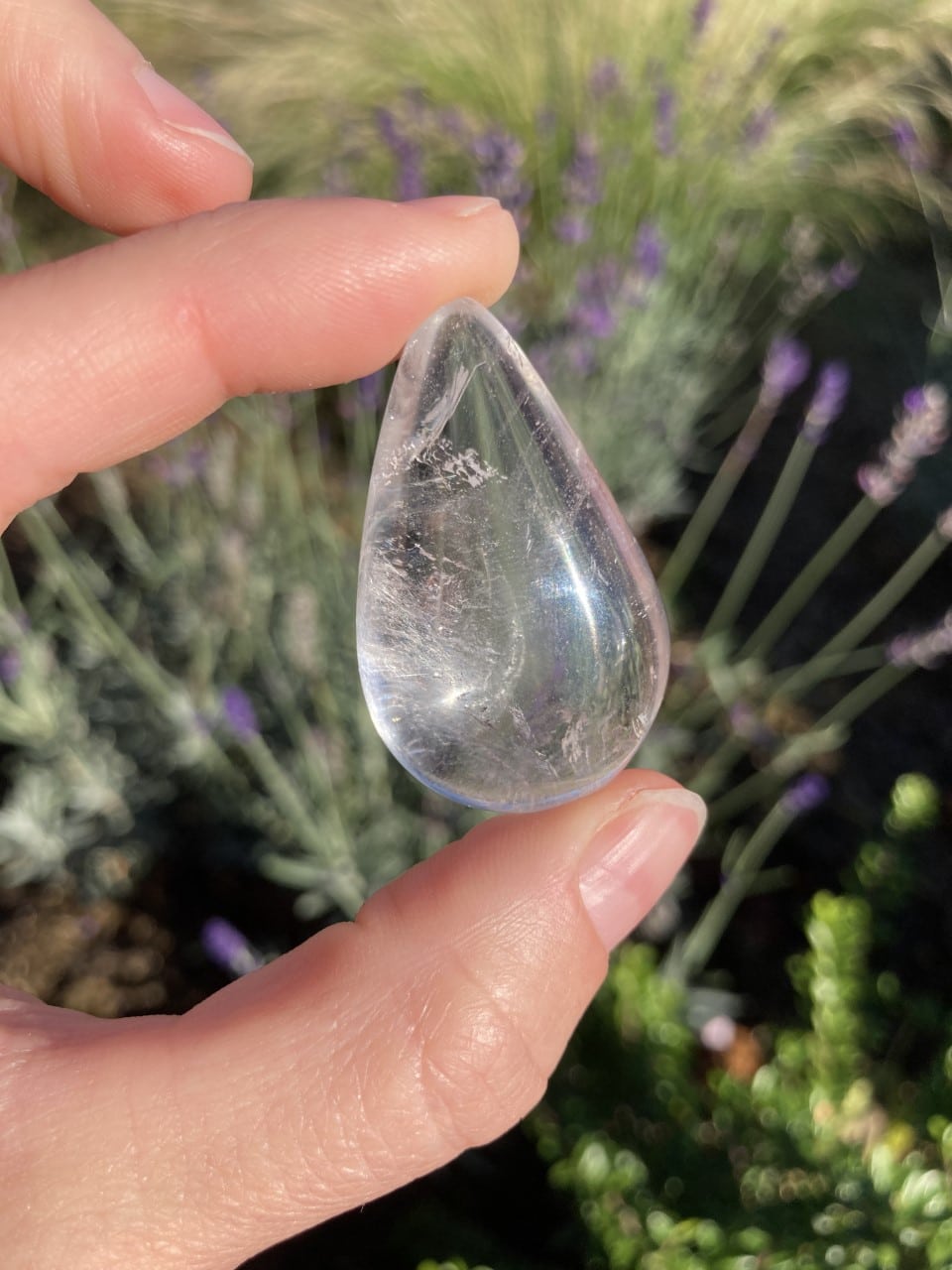 Hånd holder en klar bjergkrystal dråbe mod en sløret baggrund af grønne og lilla planter.