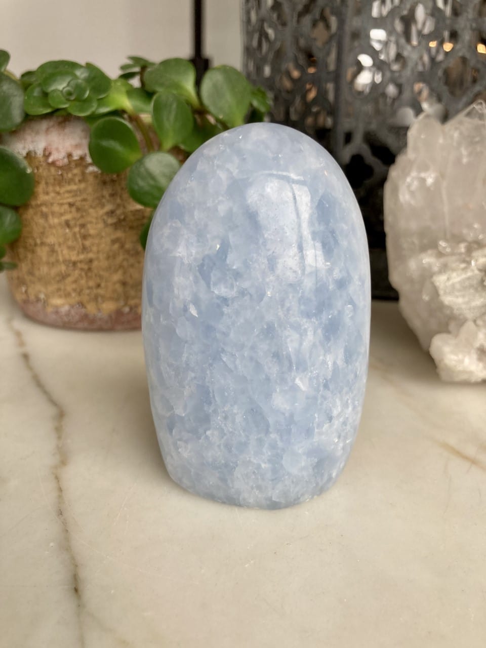 Blå Calcit fri form foran grønne planter og dekorationsgenstande på en lys overflade.