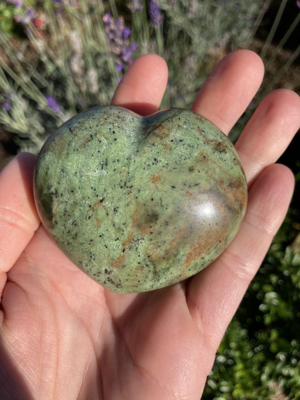 Hånden holder et Chrysopras hjerte med grønne nuancer i sollys, baggrund med lavendler.