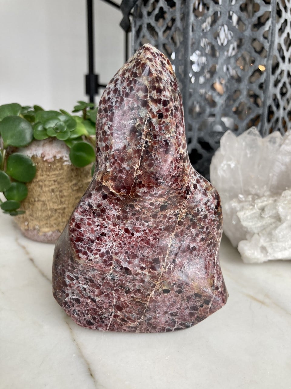 Granat flammeformet krystal med planter og sten som baggrund.