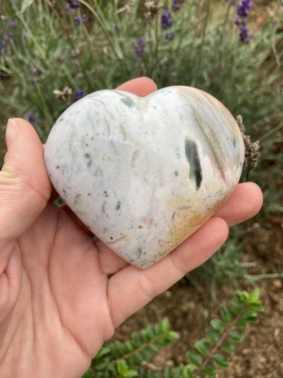 En hånd holder en hjerteformet Jaspis Hav sten, med en baggrund af grønne planter og lilla blomster.