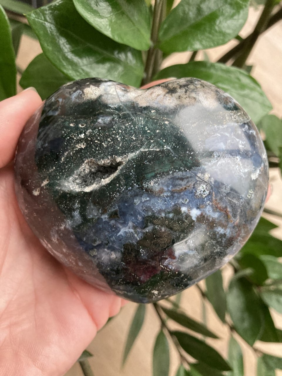 En hånd holder et smukt jaspis hav hjerte mod grønne blade i baggrunden.