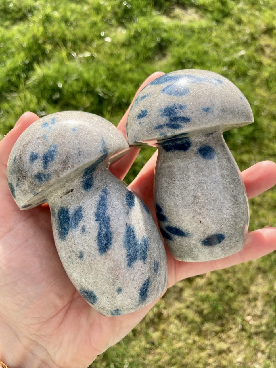Hånd holder to gråblå K2 paddehatte skulpturer med ujævne pletter, på en græsset baggrund.