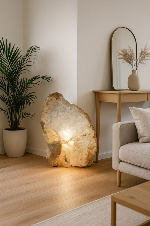Naturstenlampe udstråler varm glød, skaber æstetisk ro i rummet, del af FÈ Luminous Serenity Collection.