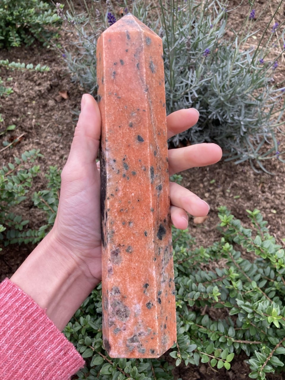 Hånd holder et Calcit Orkidé tårn mod grønne planter i baggrunden. Tårnet har en orange farve med sorte pletter.