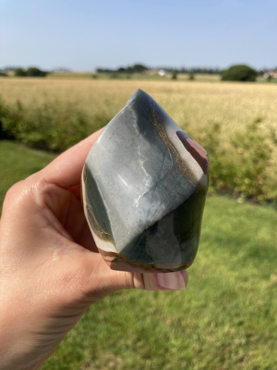 Hånd holder en Jaspis Polychrome flamme foran en kornmark under en klar blå himmel.