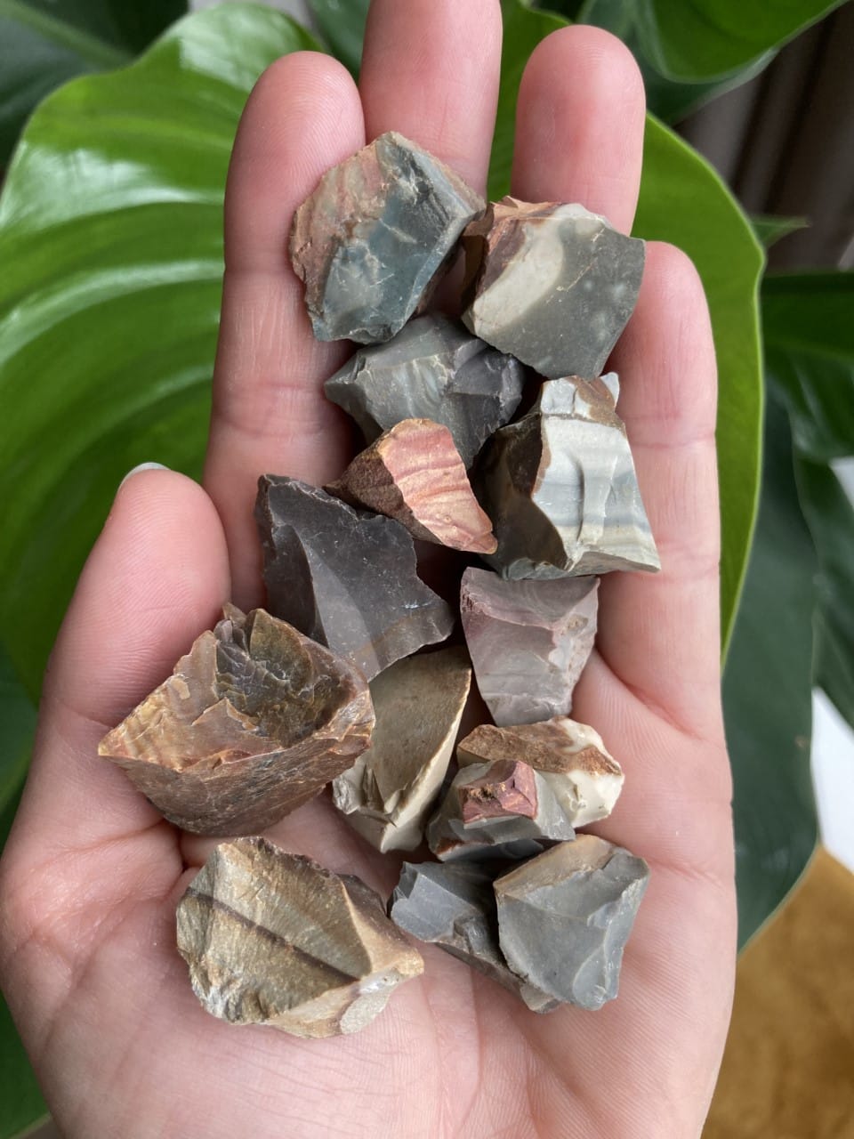 En håndfuld rå Jaspis Polychrome sten, 100g, vises mod en grøn baggrund.