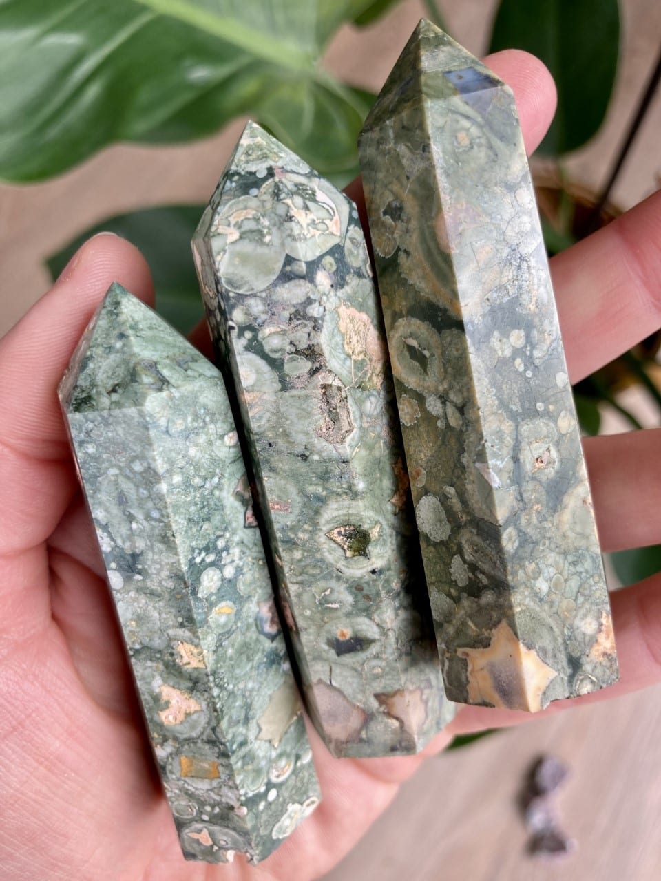 En hånd holder tre Grønne Rhyolit tårne mod en sløret baggrund af grønne blade.