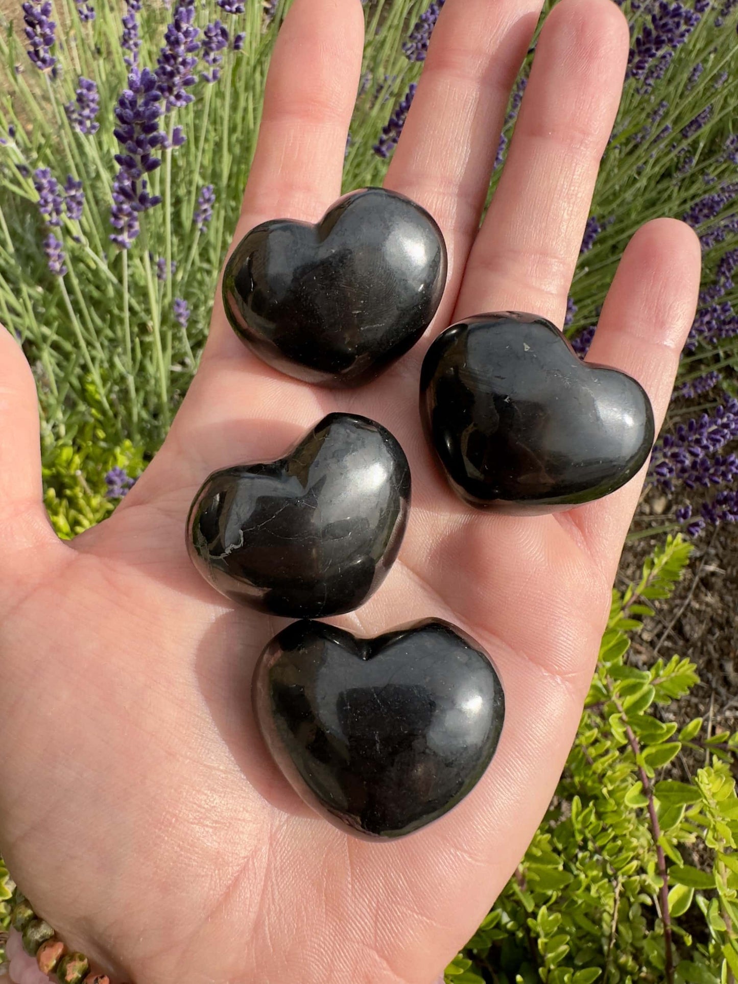 Hånd, der holder fire Shungit hjerter foran en baggrund med lavendelplanter.