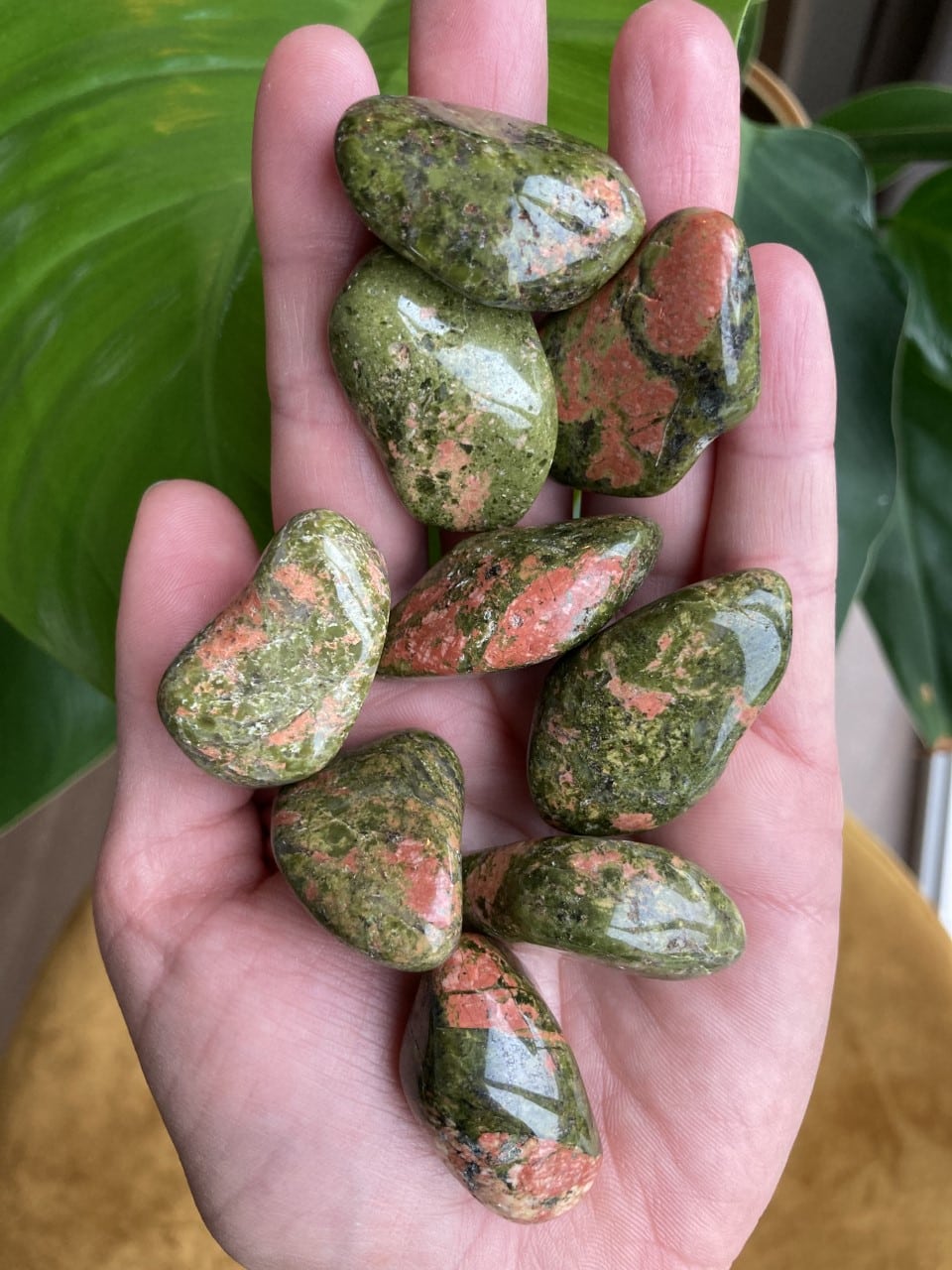 En hånd holder glatte, polerede unakit-sten i grønne og rosa nuancer.