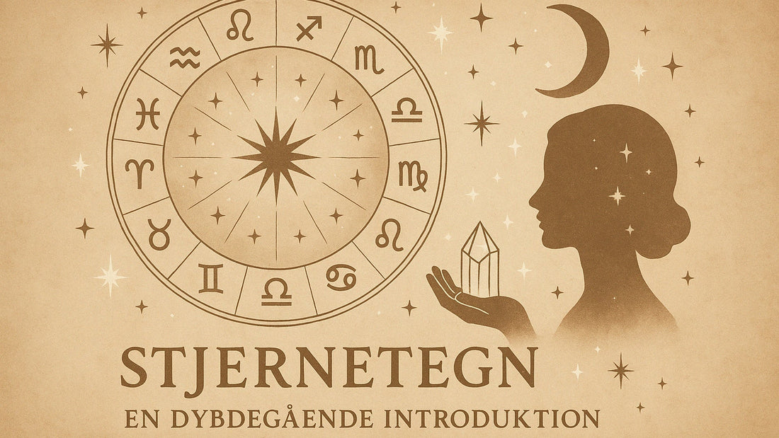 Stjernetegnshjul med krystaller og astrologiske symboler, der repræsenterer kosmisk indsigt.