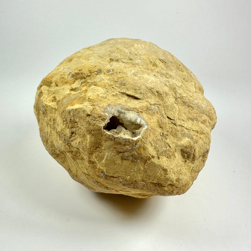 Kvarts geode med en åbning, der afslører glitrende krystaller indeni, placeret på en lys baggrund.