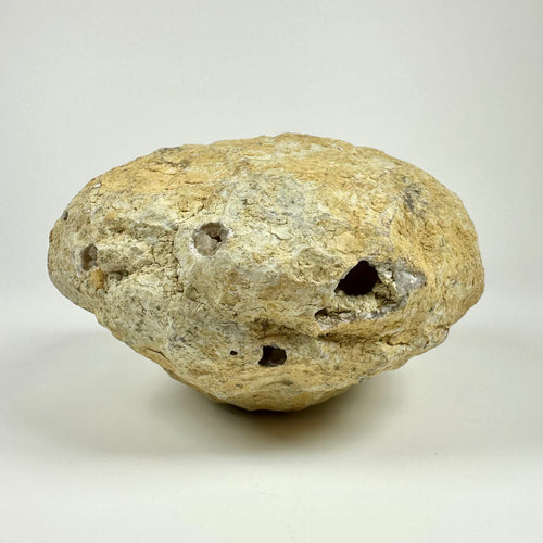 Kvarts geode med ru, brun overflade og små åbninger.