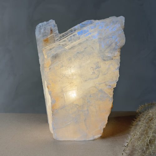 Mexicansk Selenit lampe nr 14 lyser op med varmt skær mod en neutral baggrund.