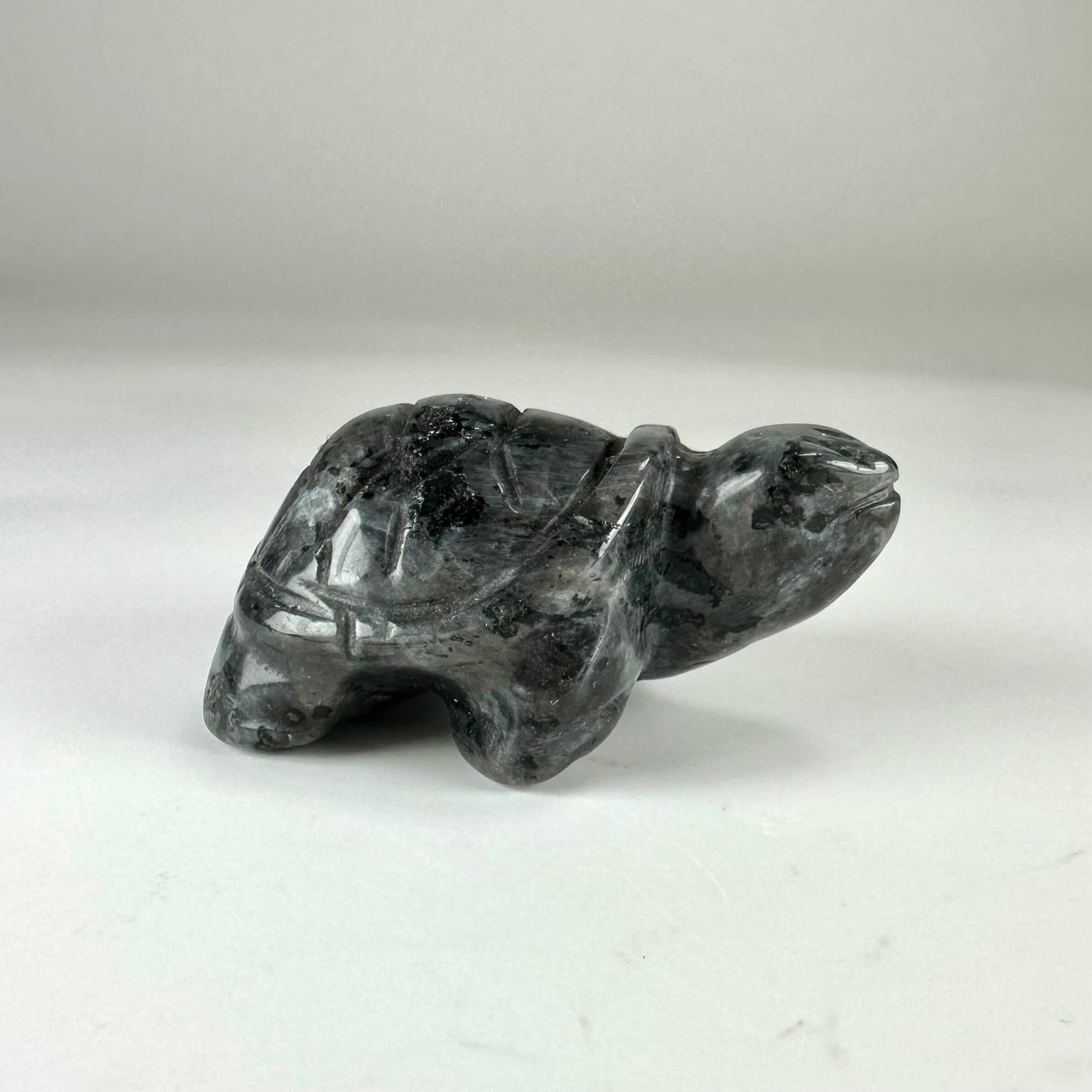 Larvikit skildpadde figurine på hvid baggrund, detaljeret med grå og sorte nuancer.