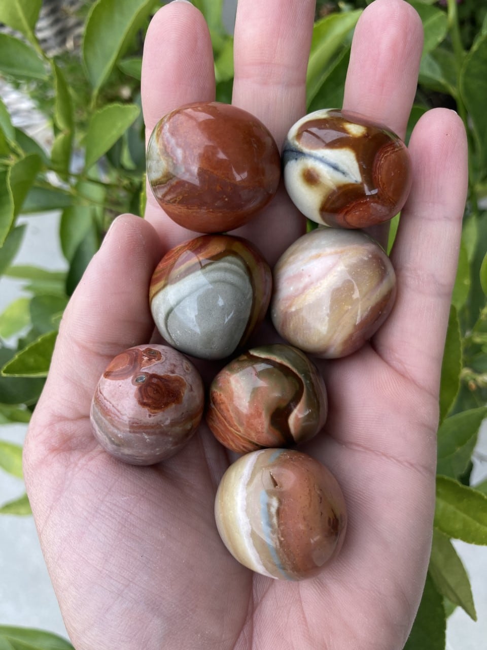 En hånd holder syv runde polychrome jasper sten i forskellige farver og mønstre.